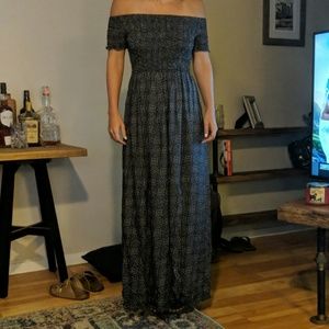 Navy patterned, off the shoulder Maxi